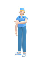 Medical character Young white female doctor in a blue suit points a finger to copy space. Cartoon person isolated on a white background. 3D rendering.