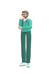 Medical character young white man doctor propping head thinking question, solution, problem. Cartoon person isolated on a white background. 3D rendering.