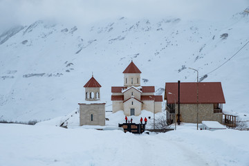 small cathedral at Georgia country side in winter season at Gudauri