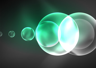 Glowing neon shiny transparent bubbles, glass circles or bio cell concept. Techno futuristic vector abstract background For Wallpaper, Banner, Background, Card, Book Illustration, landing page