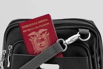 Close up of Ecuador Passport in Black Travel Bag Pocket