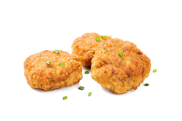 Delicious crispy fried breaded chicken patties . isolated on white background