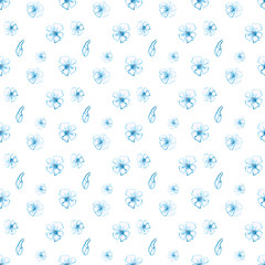Watercolor floral seamless pattern on white background. Blue hand-drawn flower endless print for your design. Romantic wallpaper.