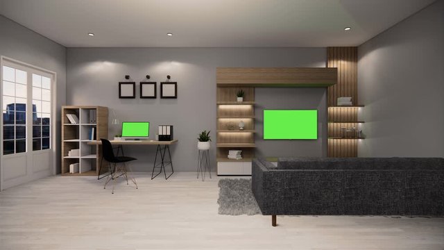 Interior of Living room or working area with TV and sofa with track green screen Work from home..3d Rendering.