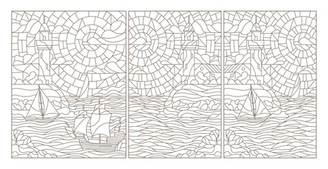 Set contour illustrations of stained glass seascapes, lighthouses and ships, dark outlines on a white background