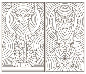 Set of outline illustrations in the style of stained glass with abstract cats , dark outlines on white background