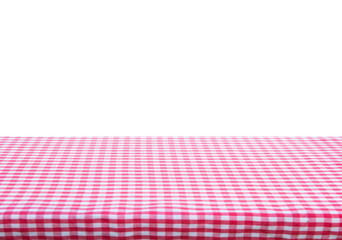 red tablecloth on table on white background.