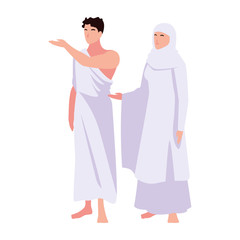 couple of people pilgrims hajj standing on white background