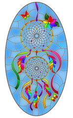 Illustration in stained glass style with dream catcher and butterflies on sky background