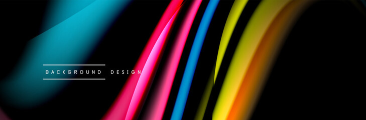 Сolorful flow poster. Wave liquid lines and shapes in black color background. Vector Illustration