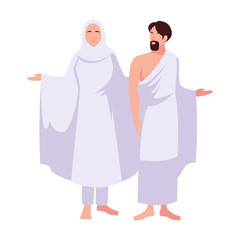 couple of people pilgrims hajj standing on white background
