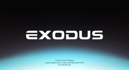 Exodus, an abstract sporty technology science alphabet font. digital space typography vector illustration design - obrazy, fototapety, plakaty