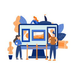 Mobile museum guide application. Interactive exhibition. Virtual art gallery tours. Vector flat illustration
