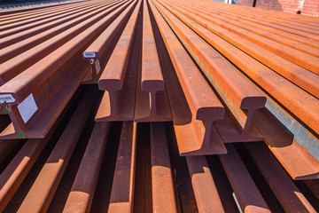 Railway New Steel Lines Tracks Stacked Outdoor Closeup Abstract Transport Manufacturing Infrastructure Equipment