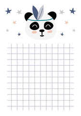 Panda with stars, childish vector illustration. Page for notebook with with hand drawn elements.Printable page template design..