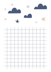 Colourful  childish stars and clouds vector illustration.Page for notebook with hand drawn elements.Printable page template design.