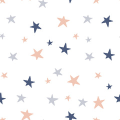 Colourful stars hand drawn seamless pattern. Cute childish drawing. Baby wrapping paper, textile, vector illustration .