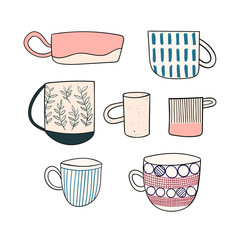 Stylish collection of handmade ceramics. Cute hand drawn cups and mugs doodle. Vector template design for logos, backgrounds, icons.