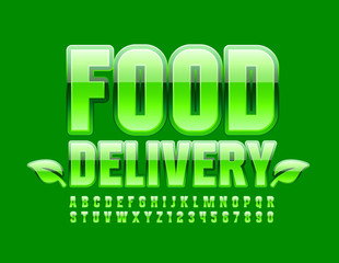 Vector modern logo Food Delivery with glossy Font. Green Alphabet Letters and Numbers