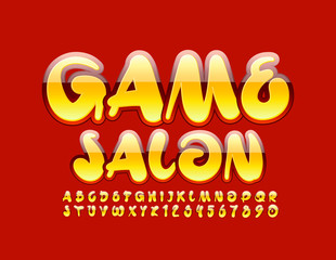 Vector bright sign Game Salon. Yellow and Red Alphabet Letters and Numbers. Glossy creative Font
