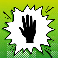 Hand sign. Black Icon on white popart Splash at green background with white spots. Illustration.