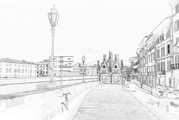 Extracted line draft from photo: street view of Florence, Italy. 