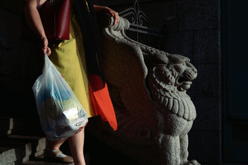 
A girl with a shopping bag goes down the city stone stairs, holding on to the railing in the form of a mythological chimera.