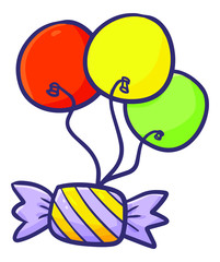 Funny and cute candy flying with three balloons