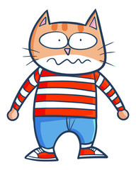Cute and funny cat wearing red white stripes shirt standing