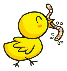 Cute and funny small chicken eating worm