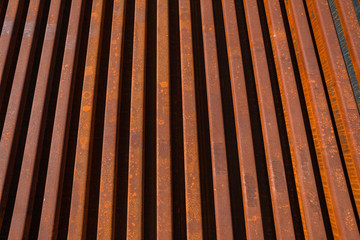 Railway New Steel Lines Tracks Stacked Outdoor Closeup Abstract Transport Manufacturing Infrastructure Equipment