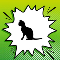 Silhouette of cat. Black Icon on white popart Splash at green background with white spots. Illustration.