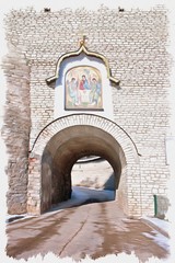 Obraz premium The ancient Kremlin in the city of Pskov. Imitation of a picture. Oil paint. Illustration
