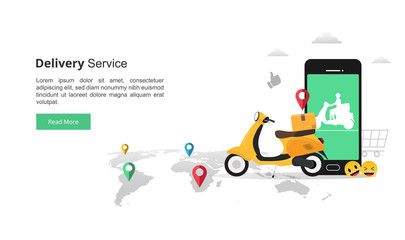 Online fast delivery services concept with smartphone. courier illustration with yellow scooter and colorful navigation on map symbol. flat vector style