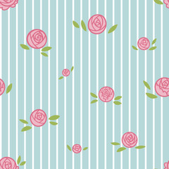 Pastel repeating pattern with cute hand drawn doodle roses and stripes. Beautiful floral seamless vector template design for textile, backgrounds, packages, wrapping paper, fabric, wallpaper.