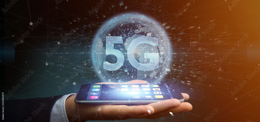 Poster businessman holding a 5g connection with data surrounding - 3d rendering