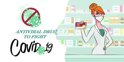 Happy young woman pharmacist selling drugs in a pharmacy interior. Pharmacology and healthcare vector concept. Fighting the virus with antibiotics - Vector. antiviral drug for combating Covid-19