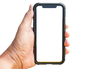 Isolate an old smartphone with a protective case held in the right hand of a man about 50 years old in a white background with a clipping path.