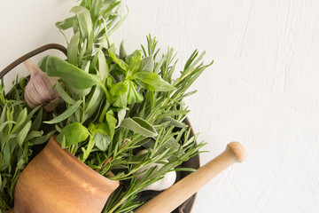fragrant herbs in a wooden mortar on a gray background