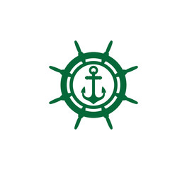green ship steering wheel anchor nautical maritime sail boat theme vector logo design