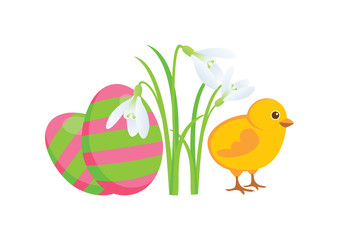 Cute easter chick with painted eggs and snowdrops vector. Easter greeting card. Pink and green easter eggs with snowdrops isolated on a white background. Adorable baby chicken vector