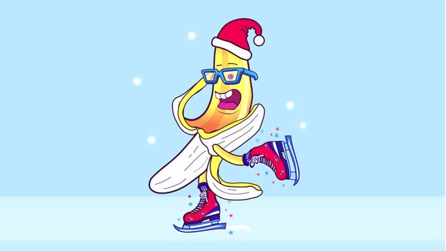Ice skating banana. Banana roller video. Cartoon character. Animation video