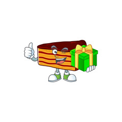 Smiley dobos torte cartoon character holding a gift box