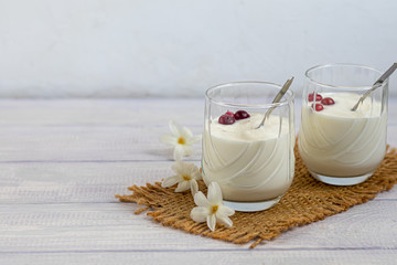 Homemade yogurt in two glasses on a light wooden background. Decorated with mint and cranberry berries. Healthy diet food. Vegetarian food.