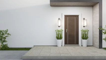 Fotobehang New house with wooden door and empty white wall. 3d rendering of large patio in modern home. © MIRROR IMAGE STUDIO
