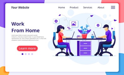 Work from home concept, People sitting at desk and work on laptop. Stay at home on quarantine during the Coronavirus Epidemic. Modern flat web landing page design template. Vector illustration