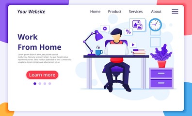 Fototapeta na wymiar Work from home concept, A man sitting at desk and work on laptop, stay at home, Quarantine during the Coronavirus Epidemic. Modern flat web landing page design template. Vector illustration