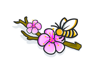 Cute cartoon bee with flower on the branch illustration design vector