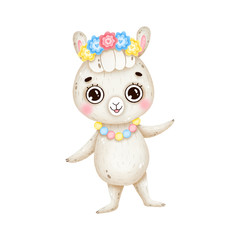 Cute mexican llama with big eyes and flowers on her head on a white background
