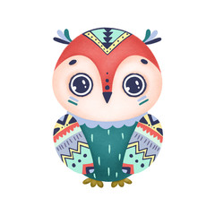 Cute multi-colored boho owl with big eyes and ornaments on a white background